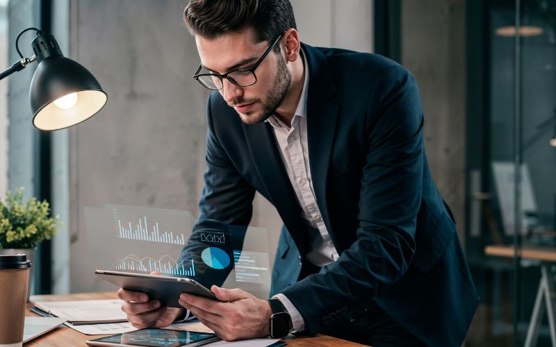 Empresário analisando gráficos financeiros para entender por que a empresa cresce, mas o lucro não aparece.